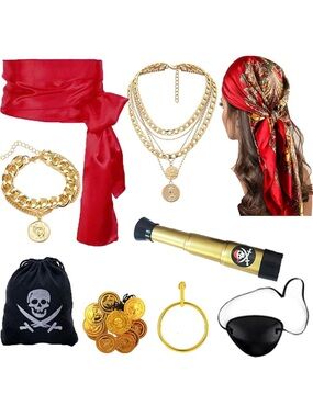 New 🆕 Red Pirate Costume Hair Scarf & Gold Accent Accessory Set